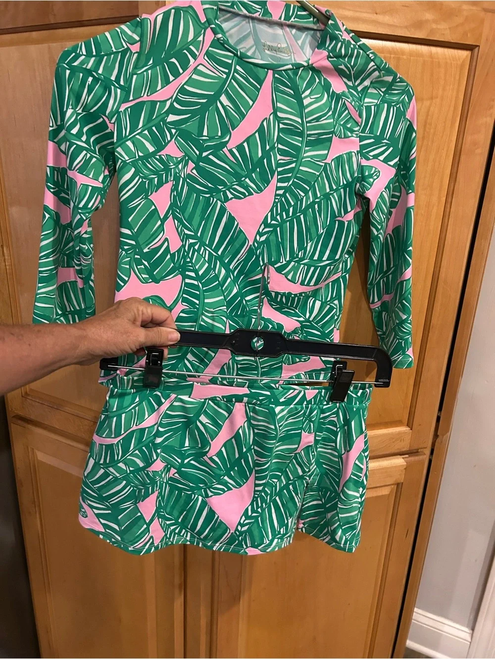 Lilly Pulitzer Green and Pink Tropical Leaf Rash Guard Skirt Swimsuit Set